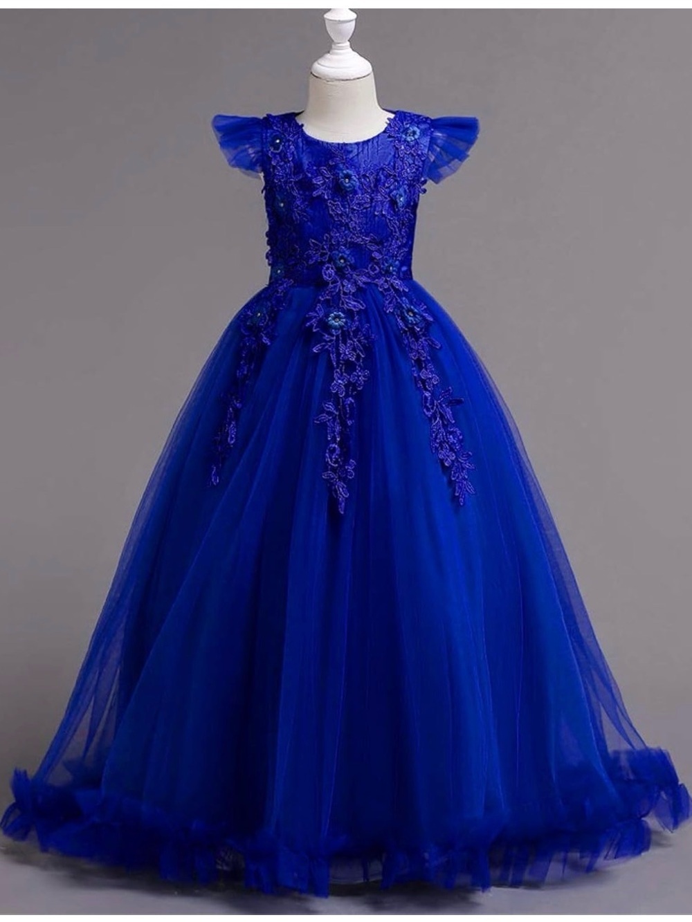 Royal Blue Floral Appliqué Tulle Party Dress for Girls